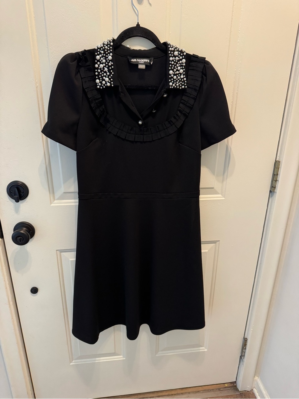 Karl Lagerfeld Black Short-Sleeve Dress with Pearl-Embellished Collar